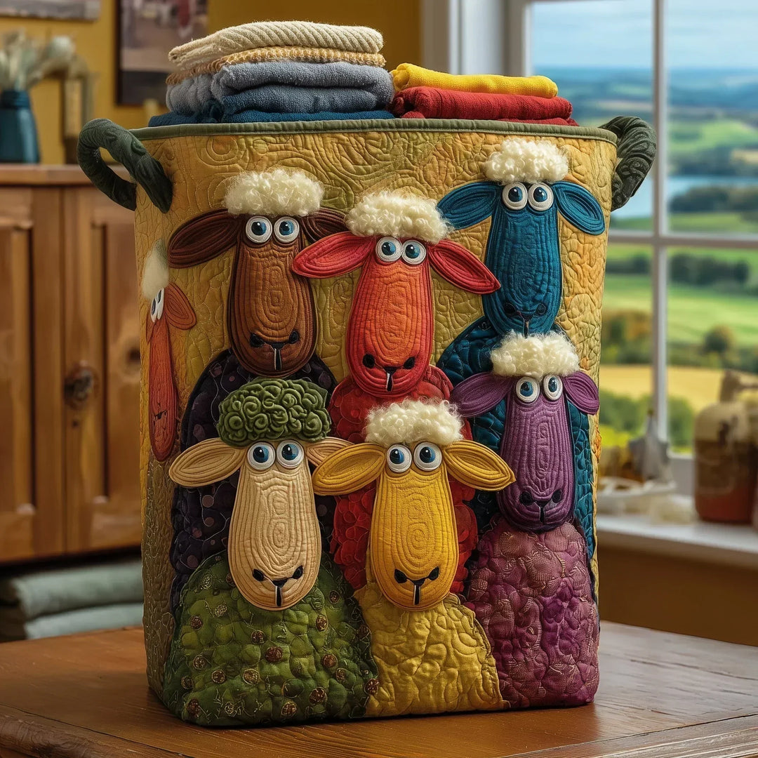 Colourful Cartoon Sheep Laundry Basket – Quilted Collapsible Fabric Storage Hamper with Handles