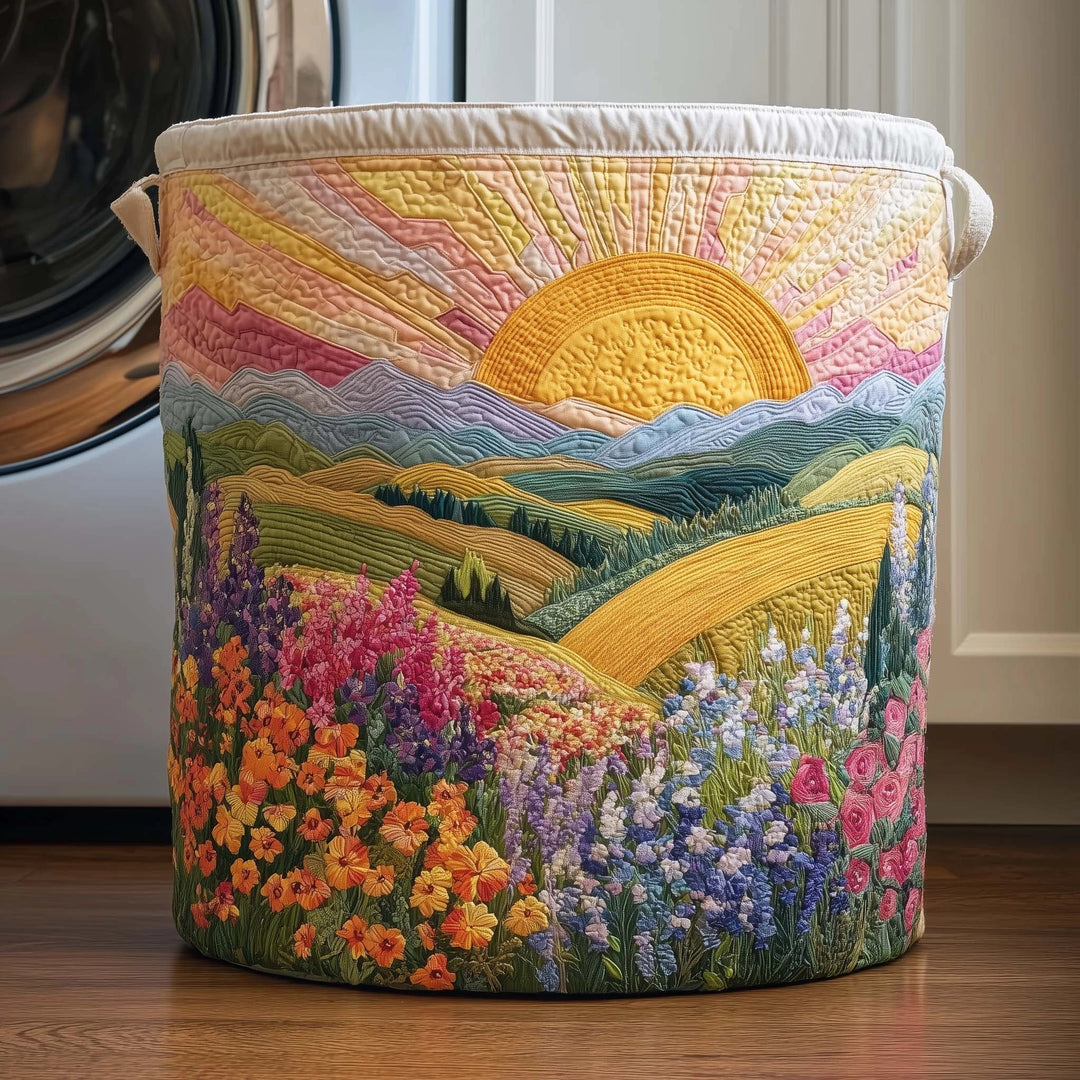 Sunrise Over the Hills Laundry Basket – Quilted Collapsible Fabric Storage Hamper with Handles