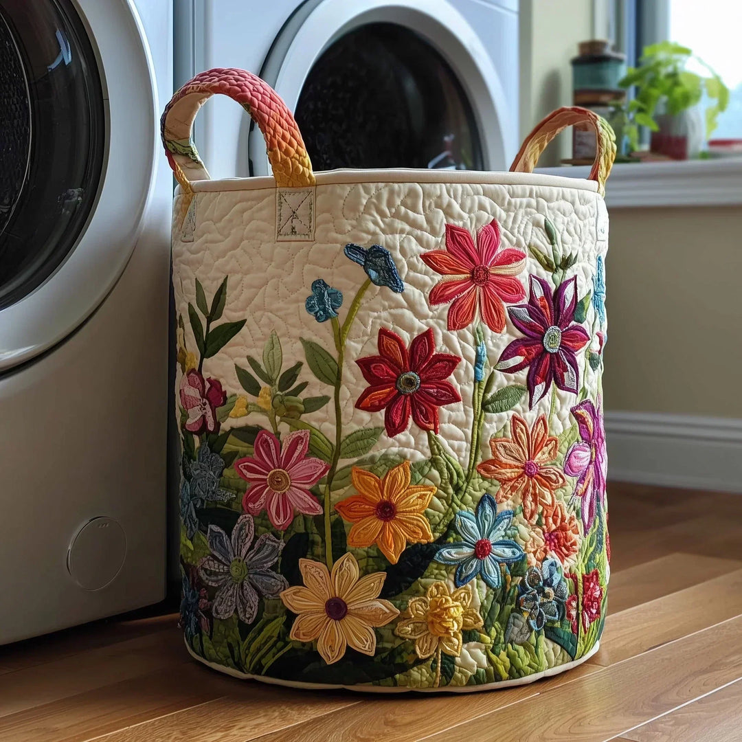 Folk Art Wildflowers Laundry Basket – Quilted Collapsible Fabric Storage Hamper with Handles