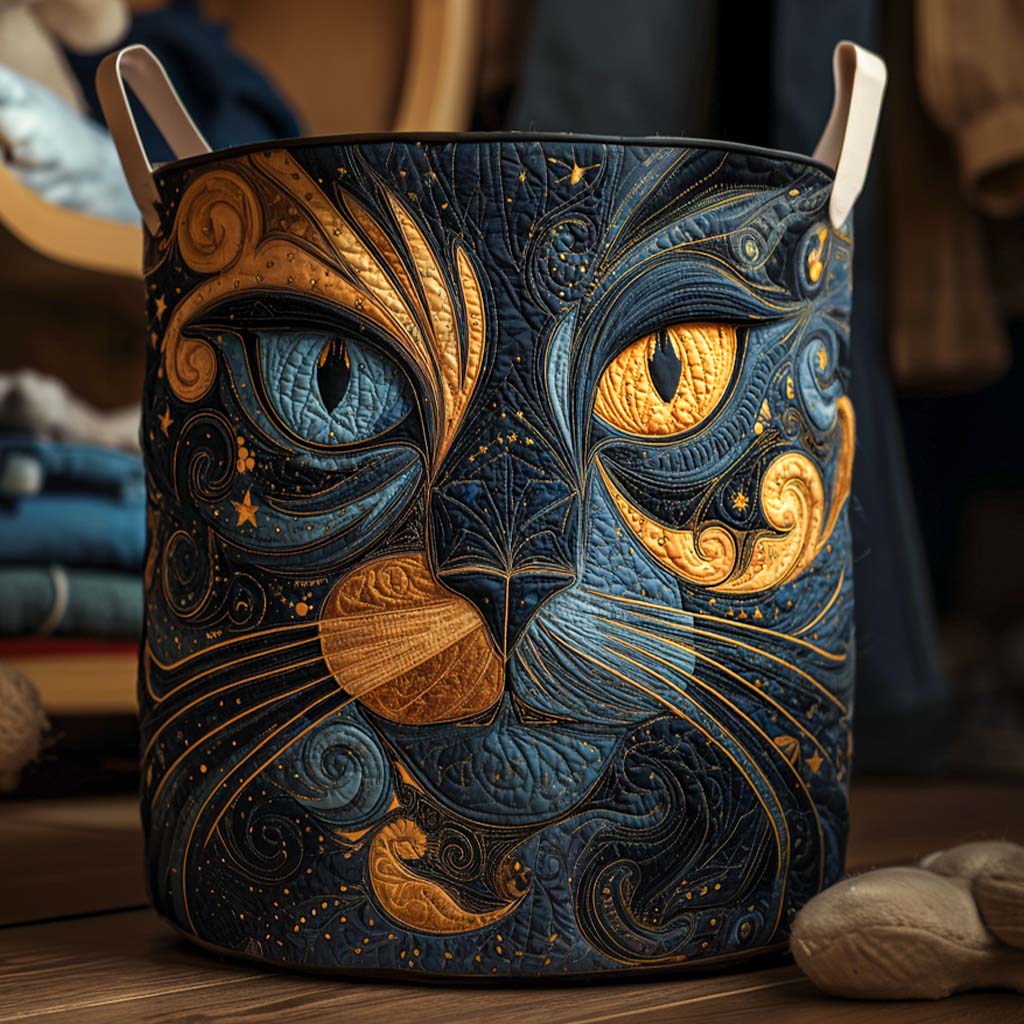 Celestial Cat Laundry Basket – Quilted Collapsible Fabric Storage Hamper with Handles