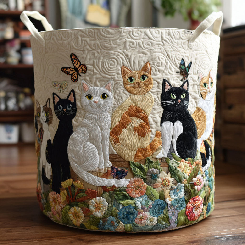 Cats in the Garden Laundry Basket – Quilted Collapsible Fabric Storage Hamper with Handles