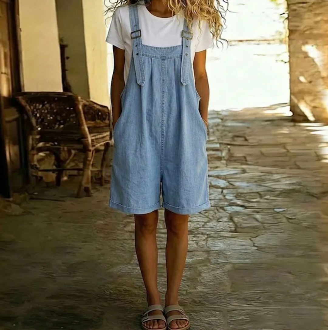 Clara | Short denim overall in light blue with a vintage washed finish