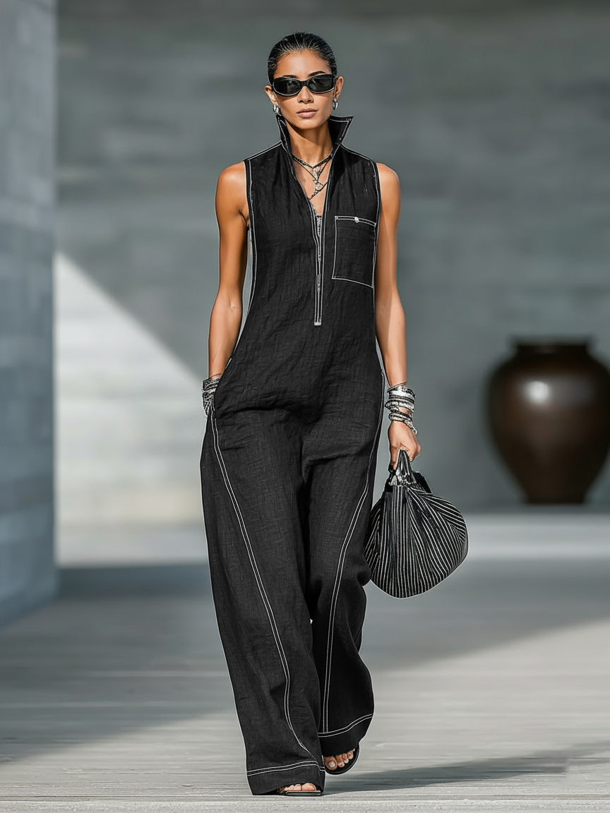 Women's Minimalist Sleeveless Overall with White Trim