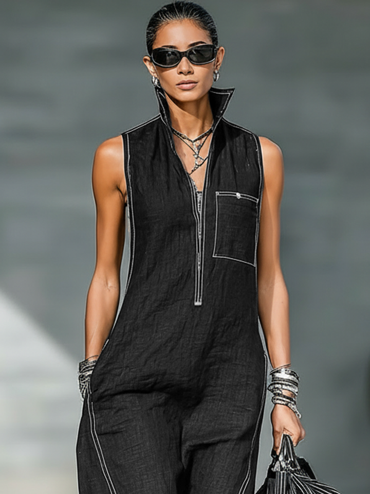 Women's Minimalist Sleeveless Overall with White Trim