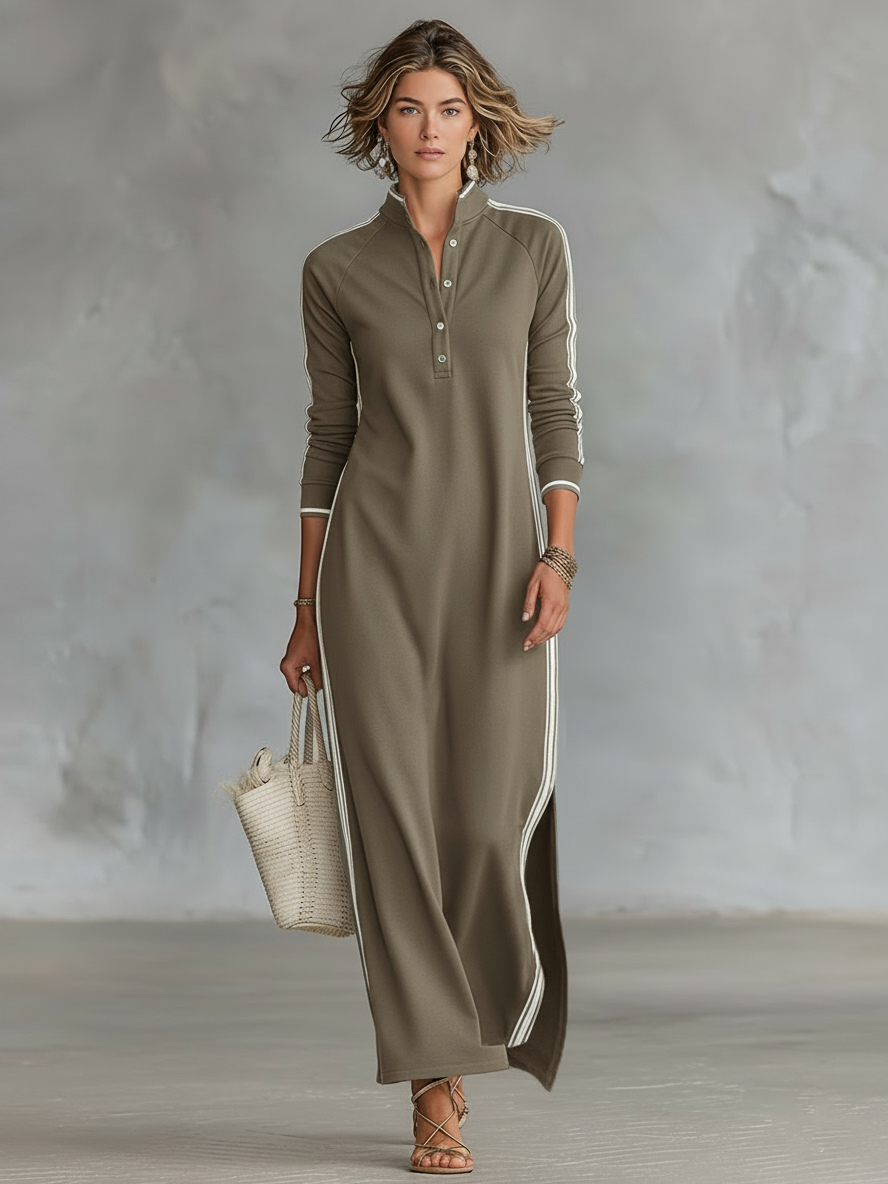 Maxi Dress Women’s Sweatshirt with Button-down Collar and White Trim