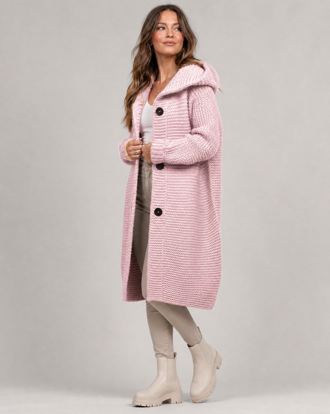 Fantine™ | Women's Hooded Longline Chunky Knit Cardigan with Buttons