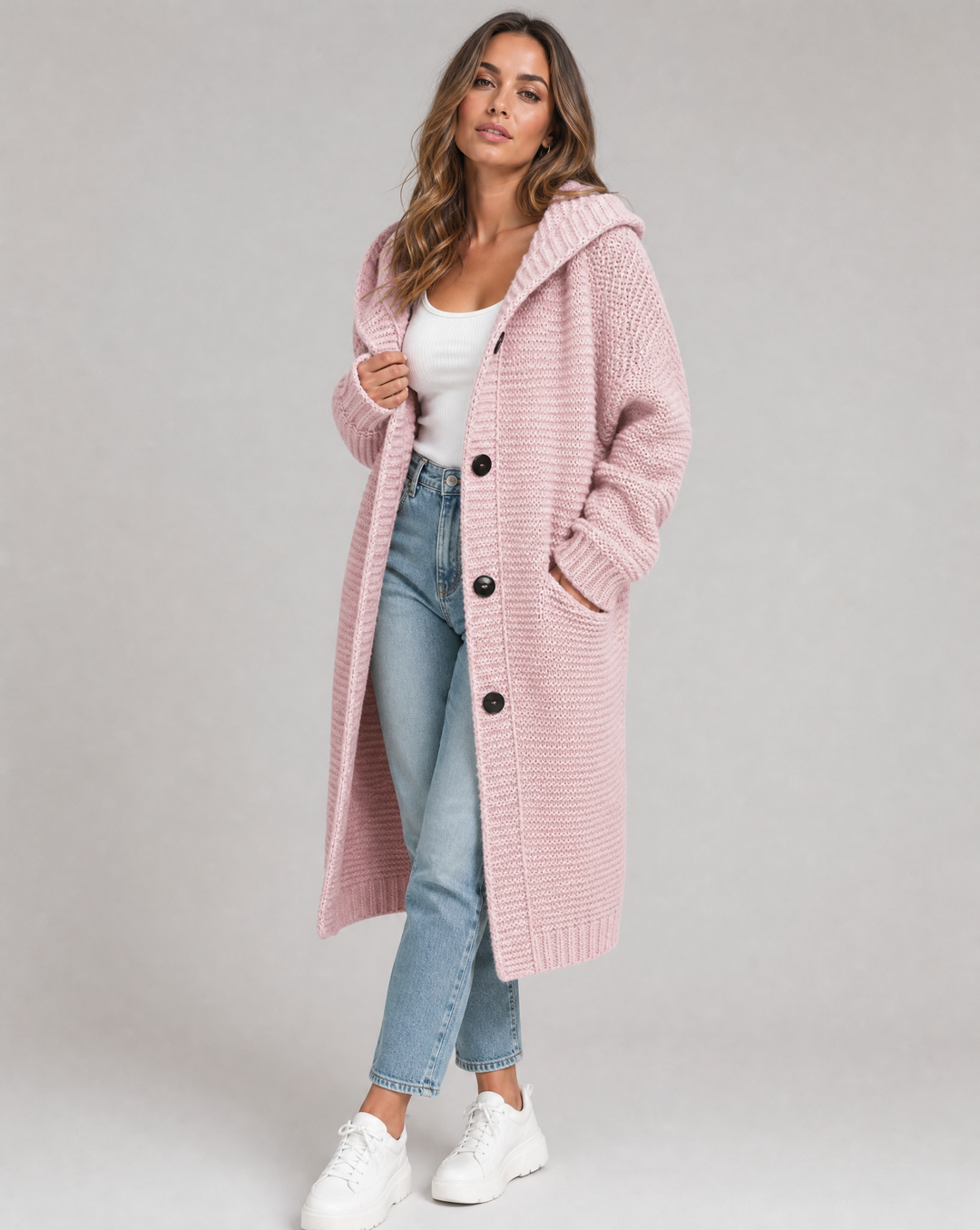 Fantine™ | Women's Hooded Longline Chunky Knit Cardigan with Buttons