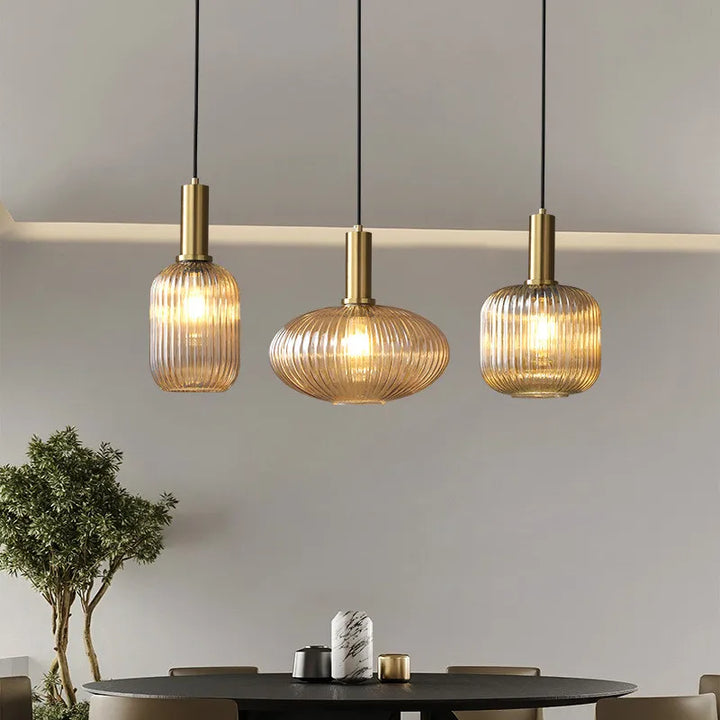 Ribbed Glass Pendant Light with Metal Tube Fitting — view 5