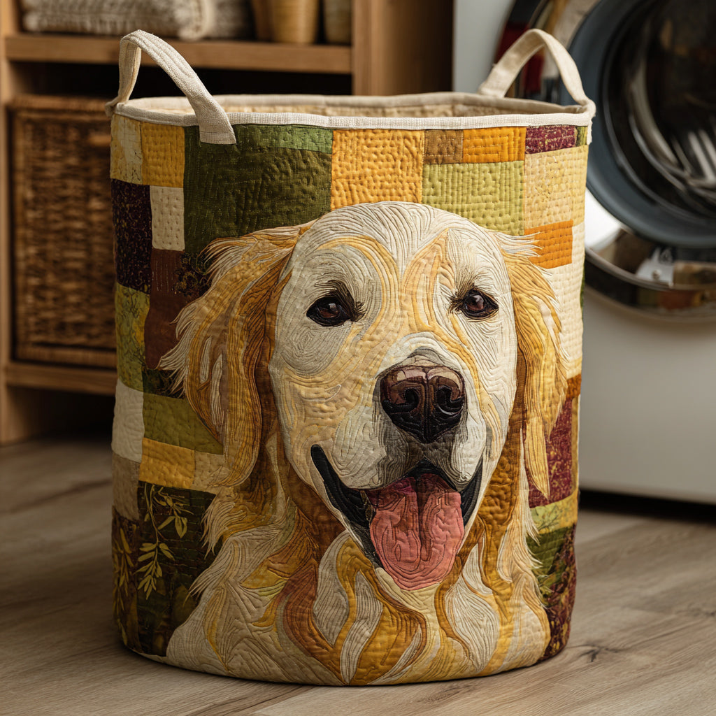 Happy Golden Retriever Laundry Basket – Quilted Collapsible Fabric Storage Hamper with Handles