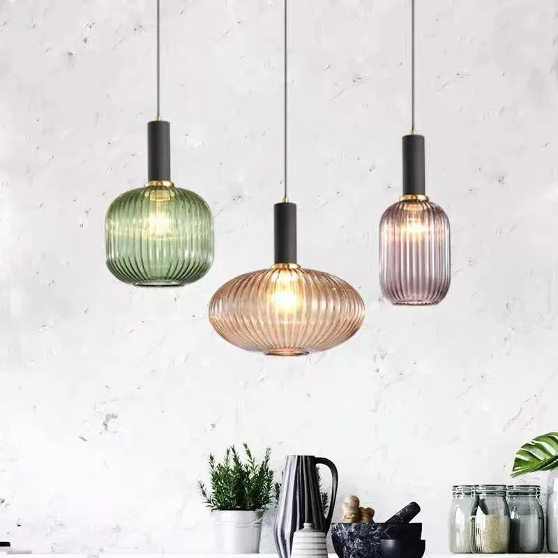 Ribbed Glass Pendant Light with Metal Tube Fitting — view 7