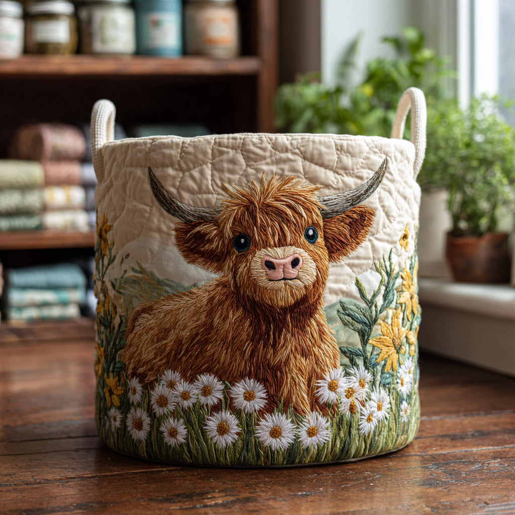 Highland Cow and Daisies Laundry Basket – Quilted Collapsible Fabric Storage Hamper with Handles