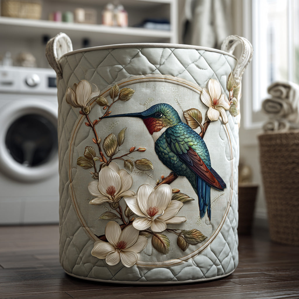 Hummingbird and Magnolia Laundry Basket – Quilted Collapsible Fabric Storage Hamper with Handles