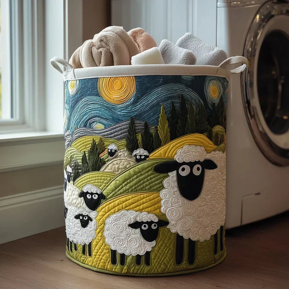 Starry Night Sheep Laundry Basket – Quilted Collapsible Fabric Storage Hamper with Handles