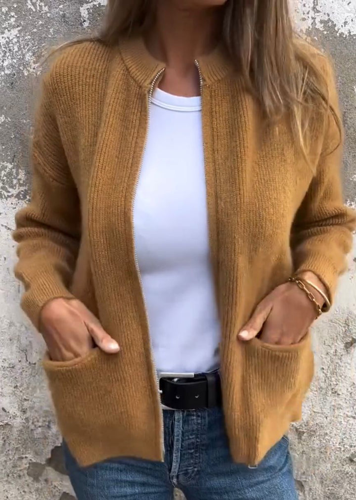 Eglantina™ | Women's Zip Up Ribbed Knit Cardigan with Pockets