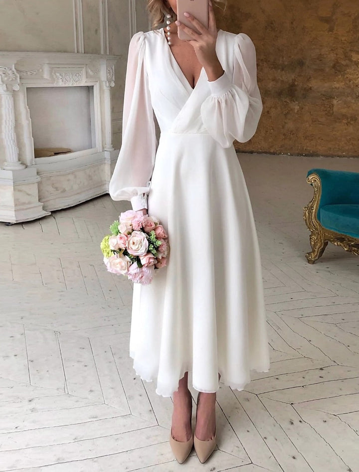 Urielle™ | Women's White V-Neck Long Sleeve Flowing Wedding Dress