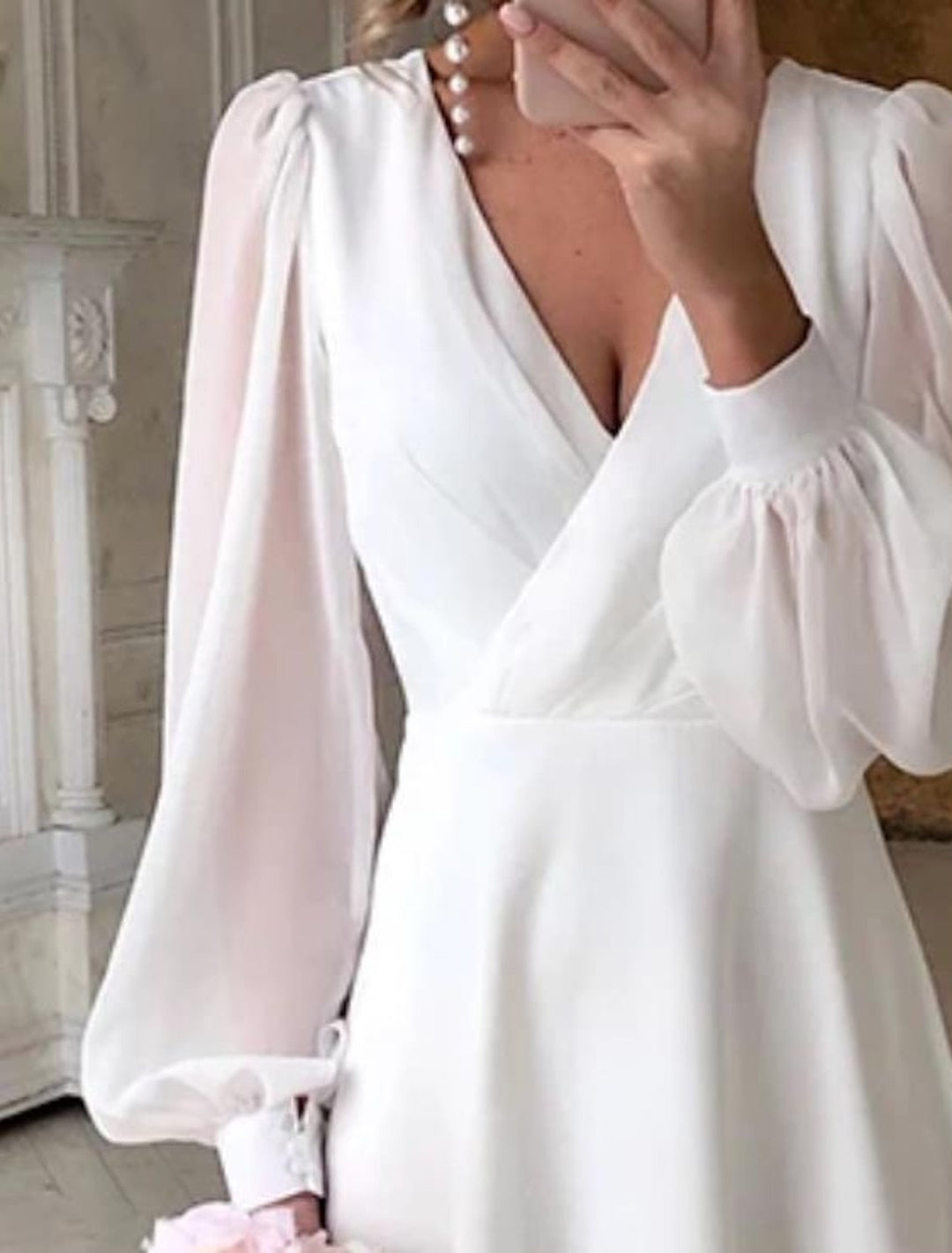 Urielle™ | Women's White V-Neck Long Sleeve Flowing Wedding Dress