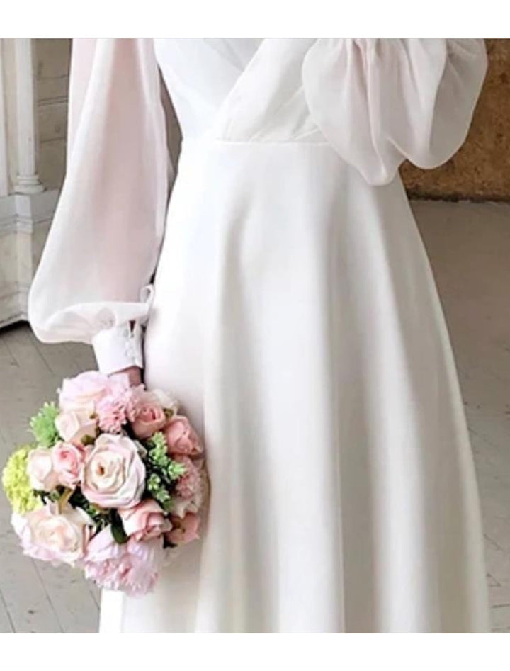 Urielle™ | Women's White V-Neck Long Sleeve Flowing Wedding Dress
