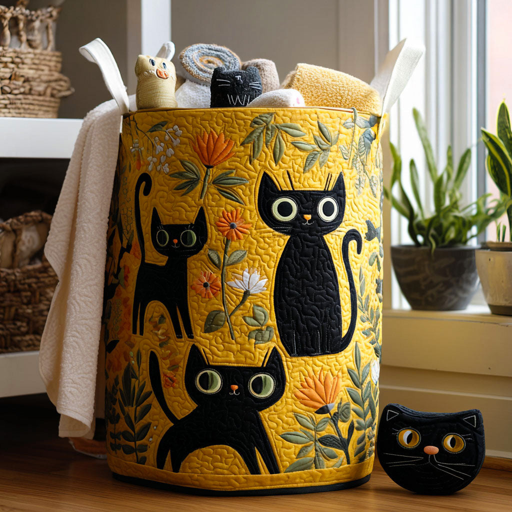 Folk Art Cats Laundry Basket – Quilted Collapsible Fabric Storage Hamper with Handles