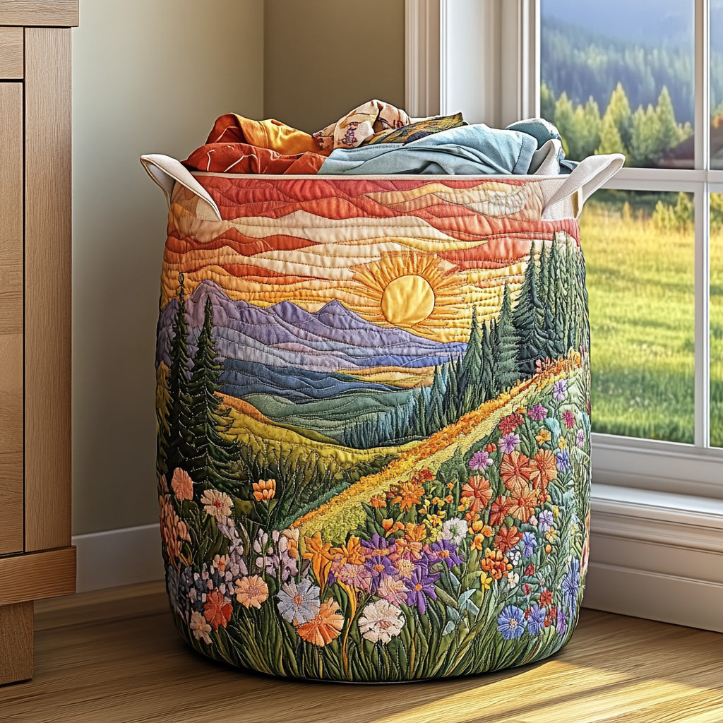 Morning Glory Mountains Laundry Basket – Quilted Collapsible Fabric Storage Hamper with Handles