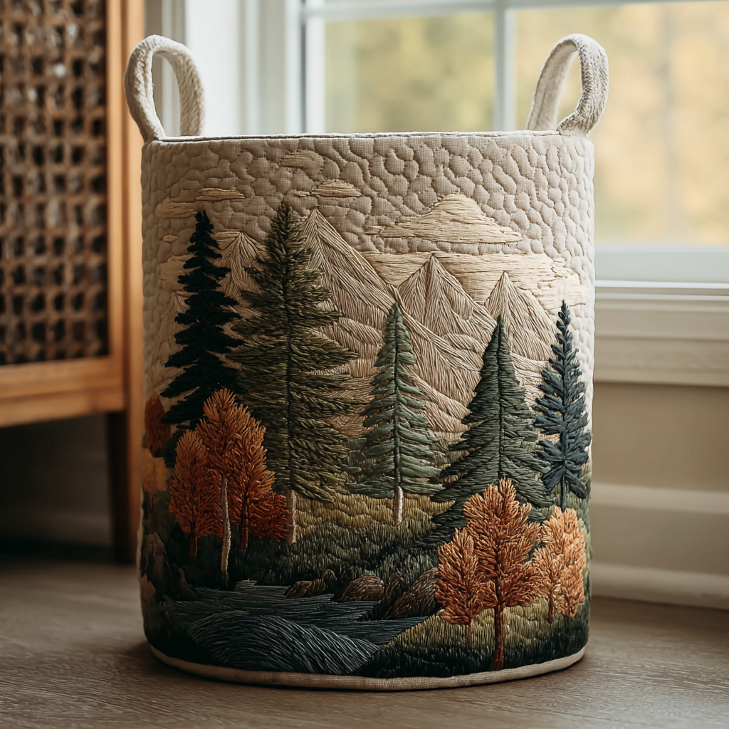 Autumn Pine Forest Laundry Basket – Quilted Collapsible Fabric Storage Hamper with Handles