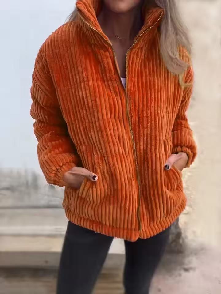 Zelie™ | Women's Ribbed Corduroy Zip Up Jacket with Stand Collar