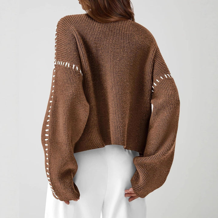 Editha™ | Women's Cropped Mock Neck Ribbed Sweater with Whipstitch