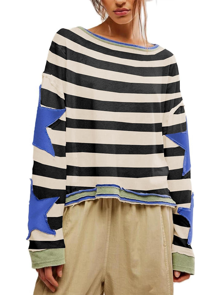 Dorianne™ | Women's Oversized Striped Sweatshirt with Star Appliqués