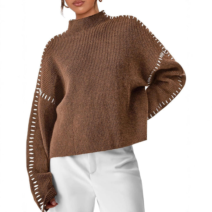 Editha™ | Women's Cropped Mock Neck Ribbed Sweater with Whipstitch