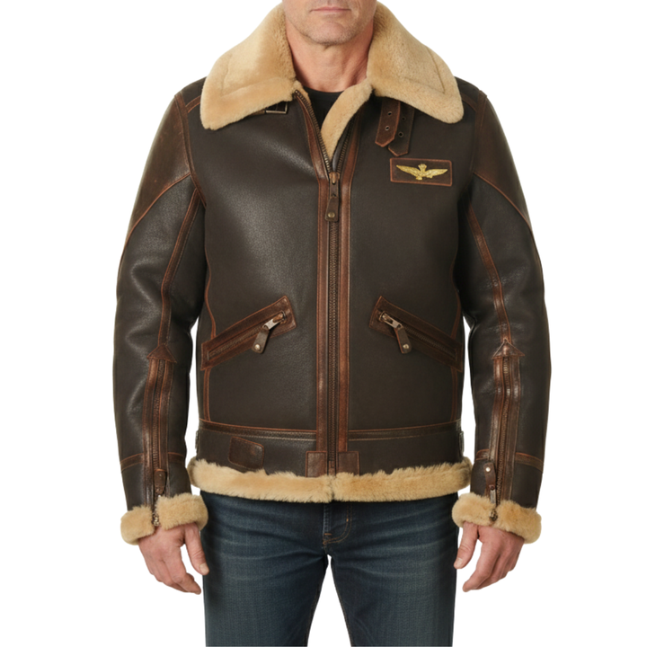 Leather Aviator Jacket with Shearling Collar in Dark Brown