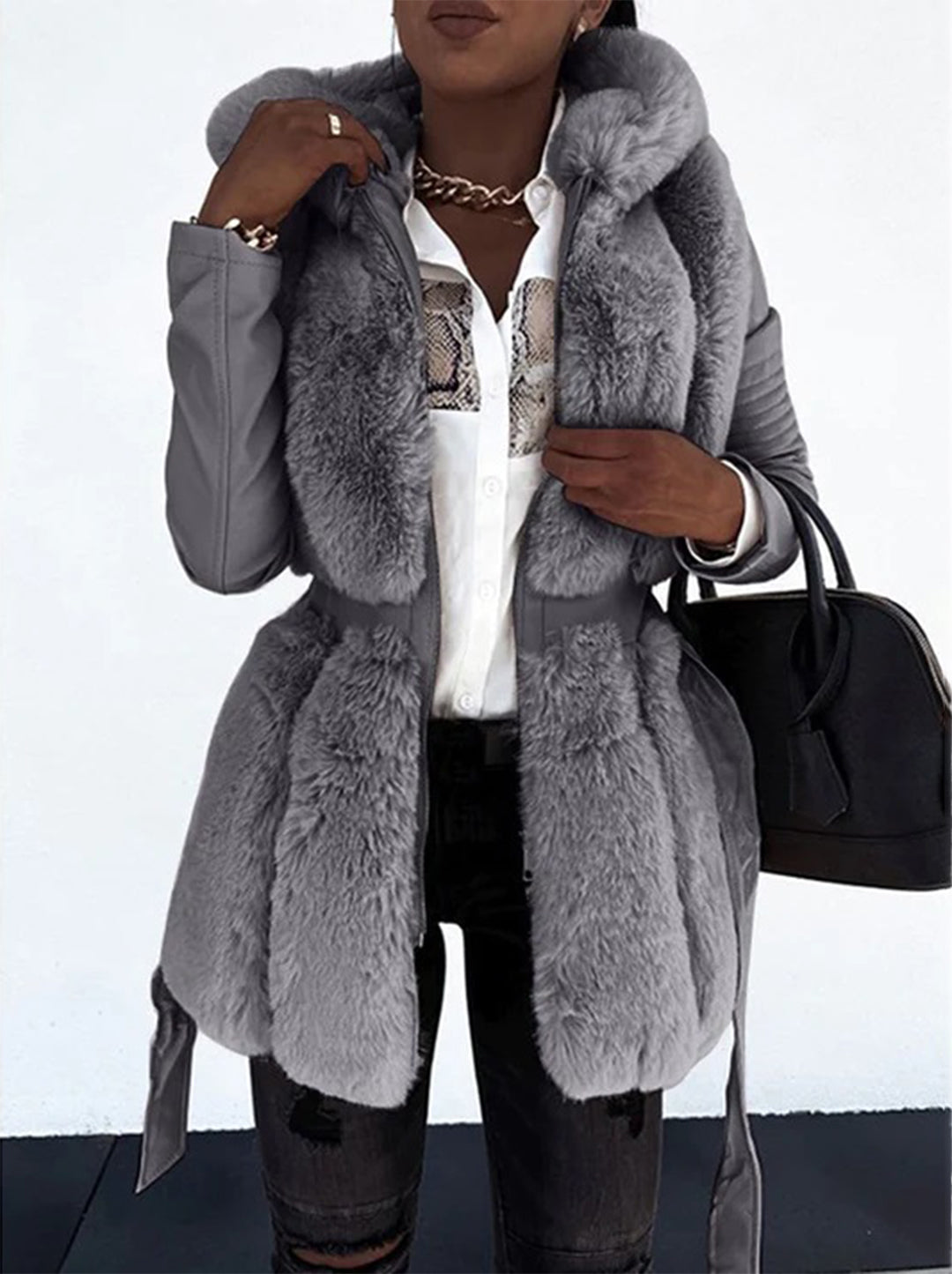 Kaija™ | Women's Faux Fur Trim Belted Longline Jacket