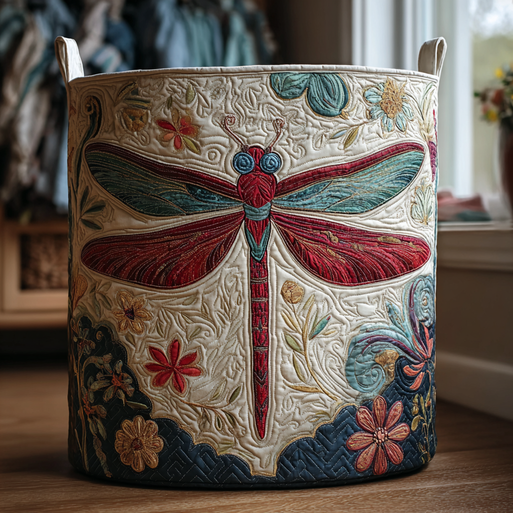 Folk Art Dragonfly Laundry Basket – Quilted Collapsible Fabric Storage Hamper with Handles