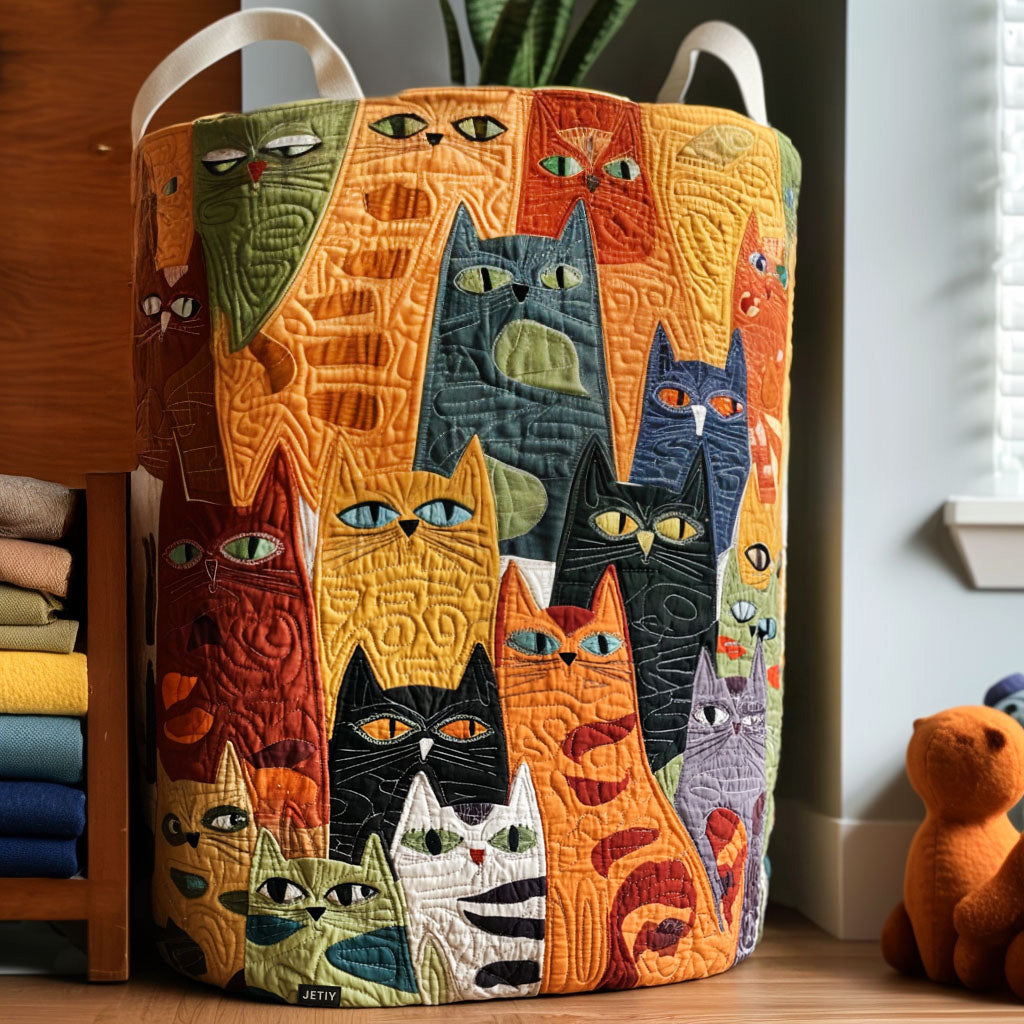 Folk Art Cats Laundry Basket – Quilted Collapsible Fabric Storage Hamper with Handles