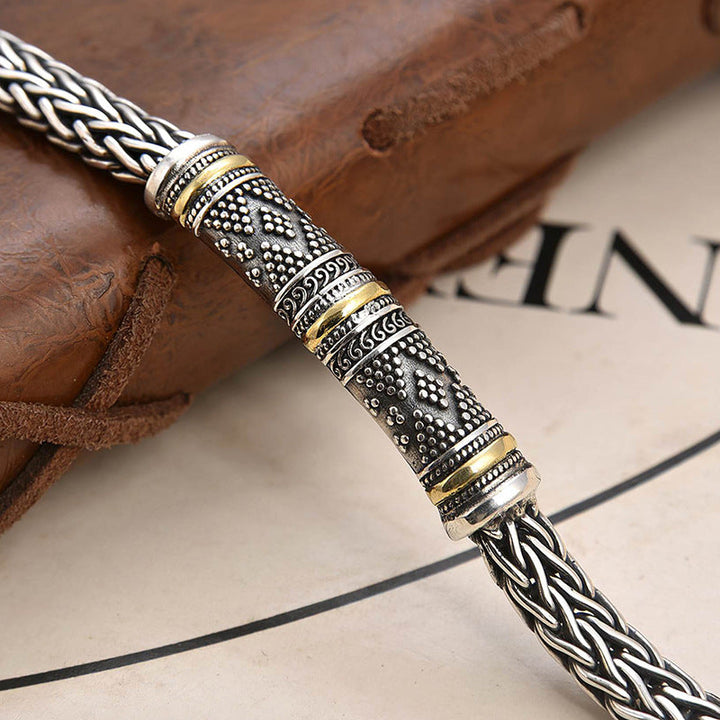 Men's Retro Engraved Wheat Chain Bracelet with Gold-Tone Accents