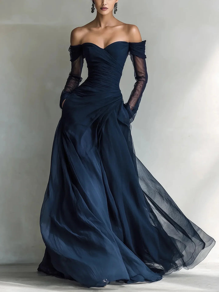 Eleonora • Long dress with off-the-shoulder design and mesh inserts