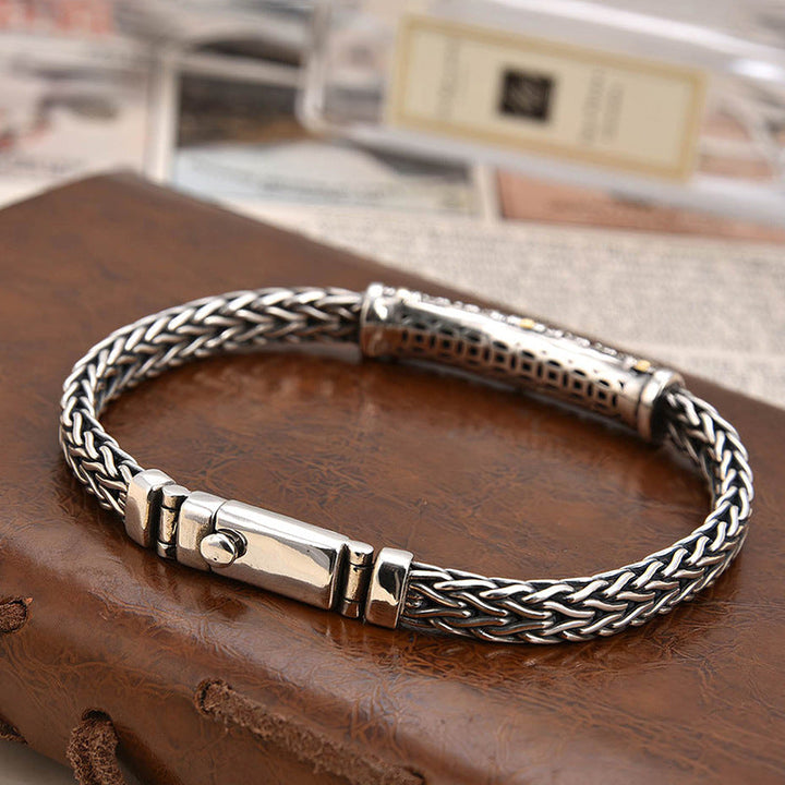 Men's Retro Engraved Wheat Chain Bracelet with Gold-Tone Accents