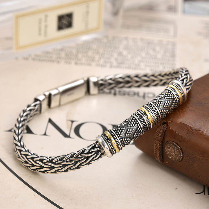 Men's Retro Engraved Wheat Chain Bracelet with Gold-Tone Accents