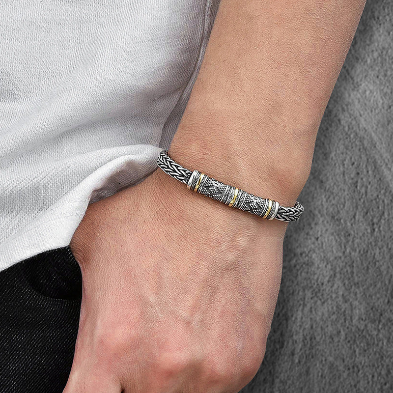 Men's Retro Engraved Wheat Chain Bracelet with Gold-Tone Accents