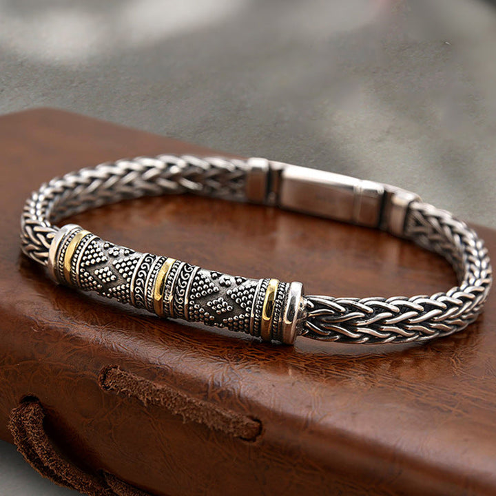 Men's Retro Engraved Wheat Chain Bracelet with Gold-Tone Accents