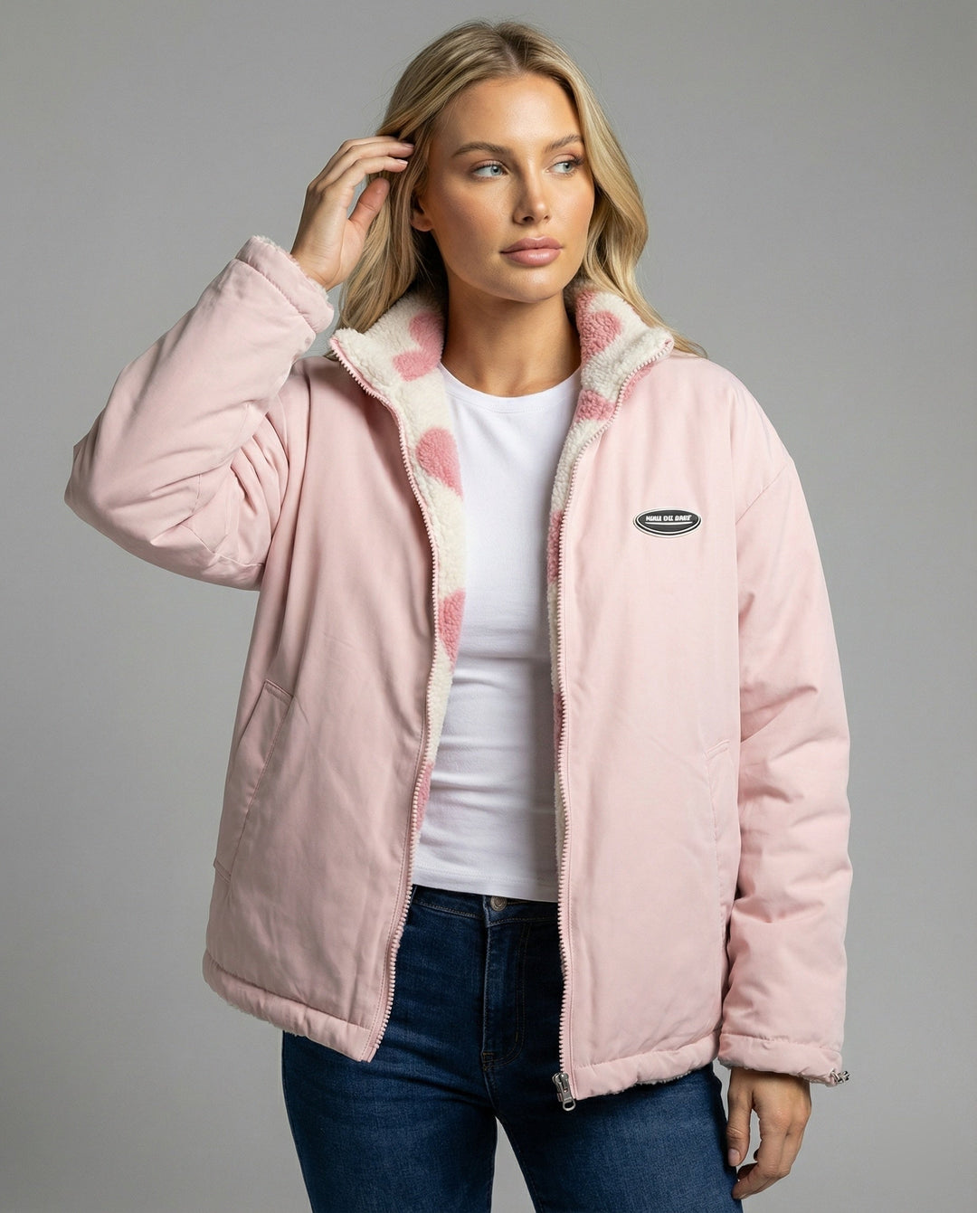 Gwendolen™ | Women's Zip Up Winter Jacket with Heart Print Fleece Lining