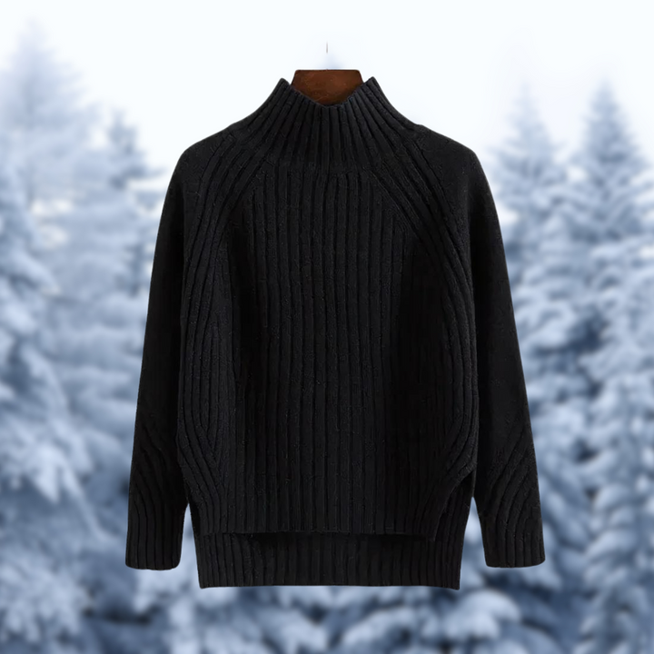 Inka™ | Women's Ribbed High Neck Knit Sweater with Stepped Hem