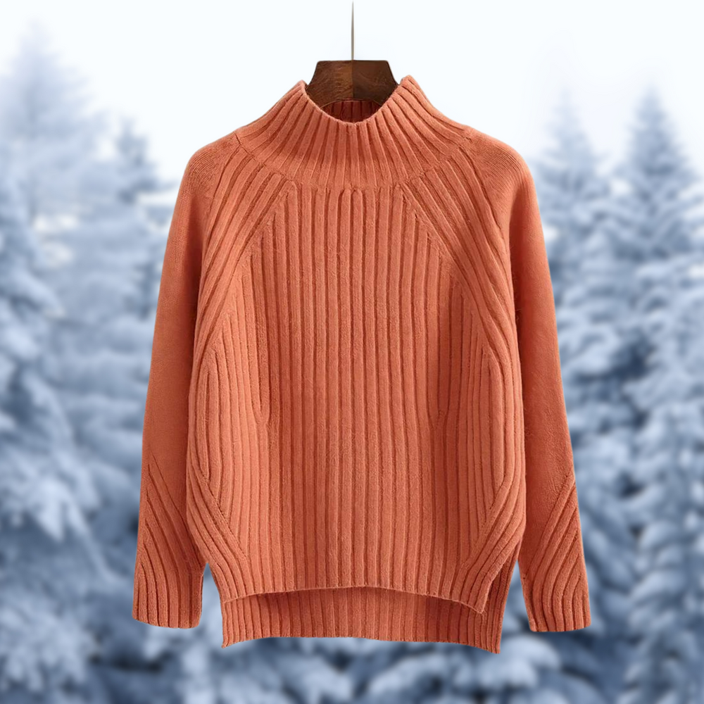 Inka™ | Women's Ribbed High Neck Knit Sweater with Stepped Hem