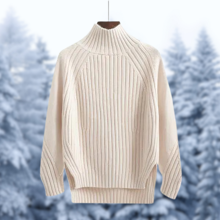 Inka™ | Women's Ribbed High Neck Knit Sweater with Stepped Hem