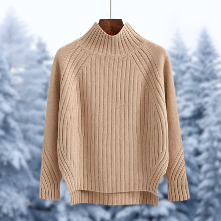 Inka™ | Women's Ribbed High Neck Knit Sweater with Stepped Hem