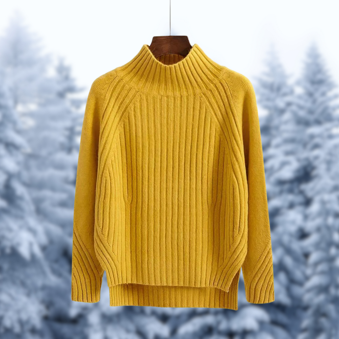 Inka™ | Women's Ribbed High Neck Knit Sweater with Stepped Hem
