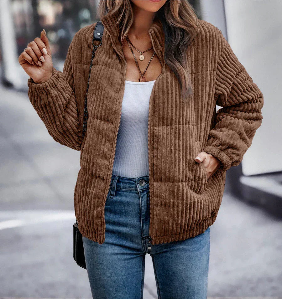 Zelie™ | Women's Ribbed Corduroy Zip Up Jacket with Stand Collar