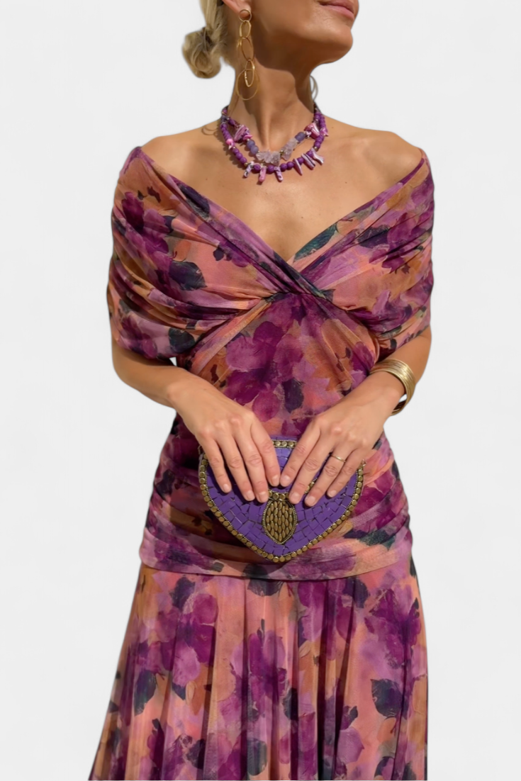 Florendra™ | Long Floral V Neck Dress