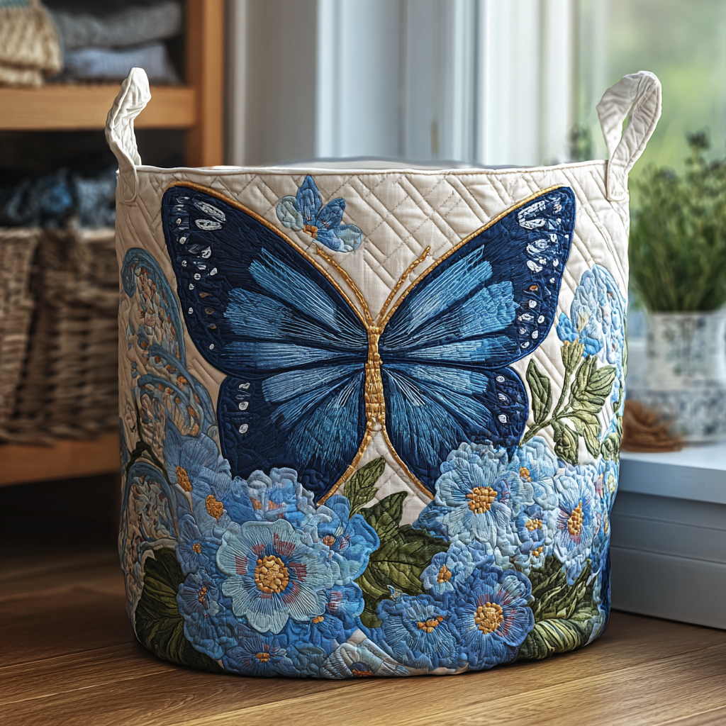 Blue Butterfly Laundry Basket – Quilted Collapsible Fabric Storage Hamper with Handles