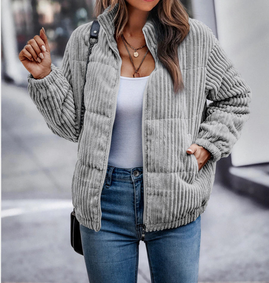 Zelie™ | Women's Ribbed Corduroy Zip Up Jacket with Stand Collar