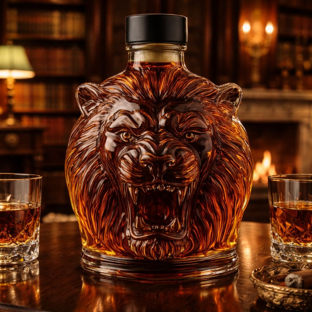 Lion Head Whisky Decanter in Sculpted Glass