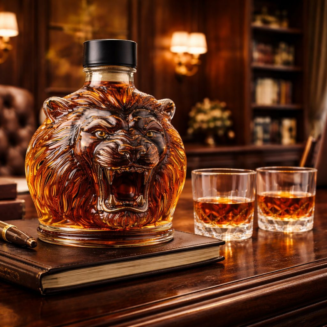 Lion Head Whisky Decanter in Sculpted Glass